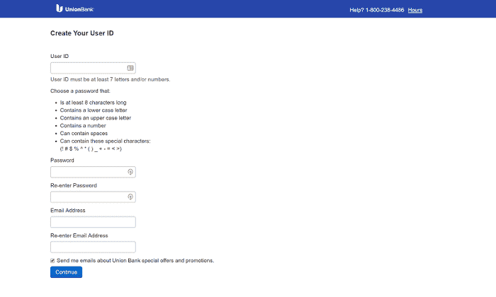 Union Bank[ユニオンバンク] ①：次の情報を入力して"Continue"をクリック
