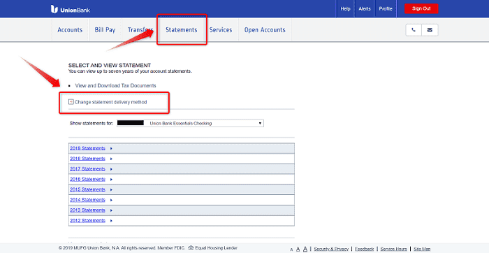 Union Bank[ユニオンバンク] ①：ログイン後、オンラインバンキングのトップページの"Statements"から"Change statement delivery method"をクリック