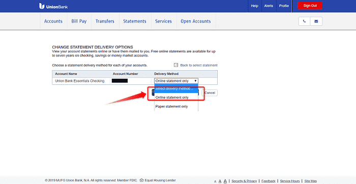 Union Bank[ユニオンバンク] ②："CHANGE STATEMENT DELIVERY OPTIONS"画面の"Delivery Method"から"Online statement only"を選択して完了です